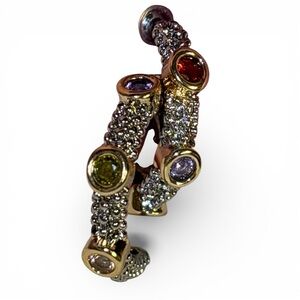 Two Tone Beaded J-Hoop Earrings Gold & Silver Tone Multicolor Stone